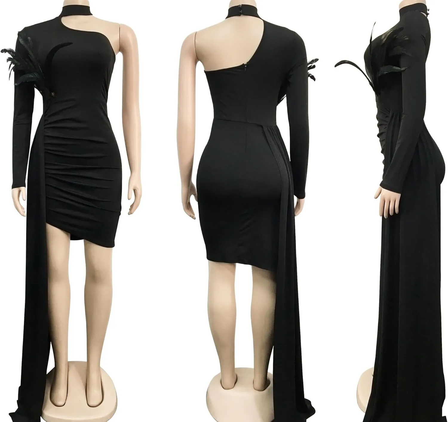 Womens Sexy One Shoulder Feather Cocktail Evening Party Dresses Bodycon Backless Birthday Wedding Guest Maxi Dress