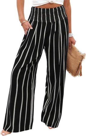 Womens Wide Leg Palazzo Dress Pants Elastic High Waisted Lounge Long Flowy Trousers Pant with Pocket