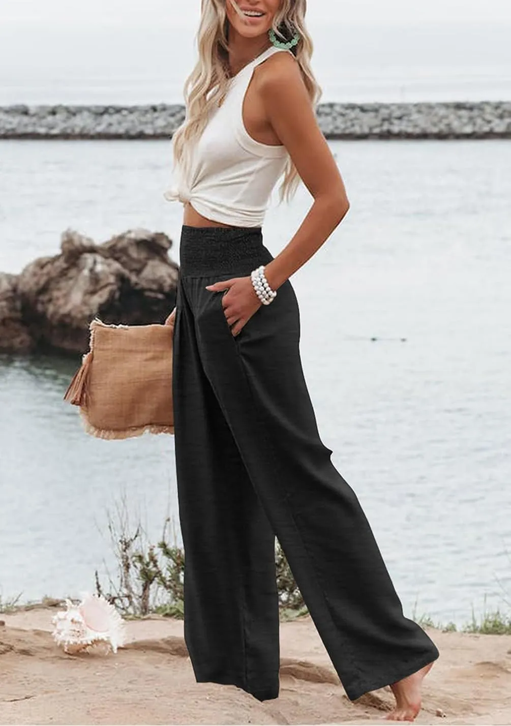 Womens Wide Leg Palazzo Dress Pants Elastic High Waisted Lounge Long Flowy Trousers Pant with Pocket