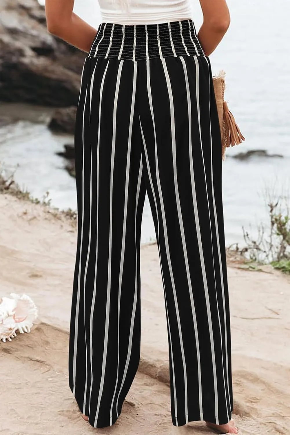 Womens Wide Leg Palazzo Dress Pants Elastic High Waisted Lounge Long Flowy Trousers Pant with Pocket