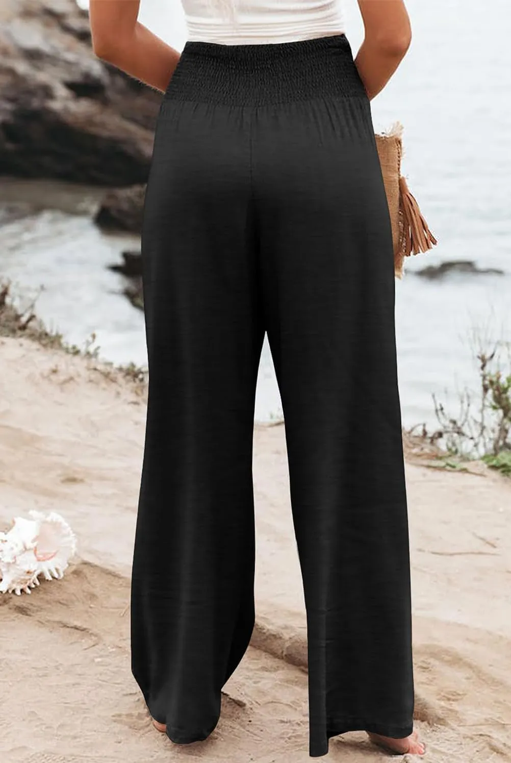Womens Wide Leg Palazzo Dress Pants Elastic High Waisted Lounge Long Flowy Trousers Pant with Pocket