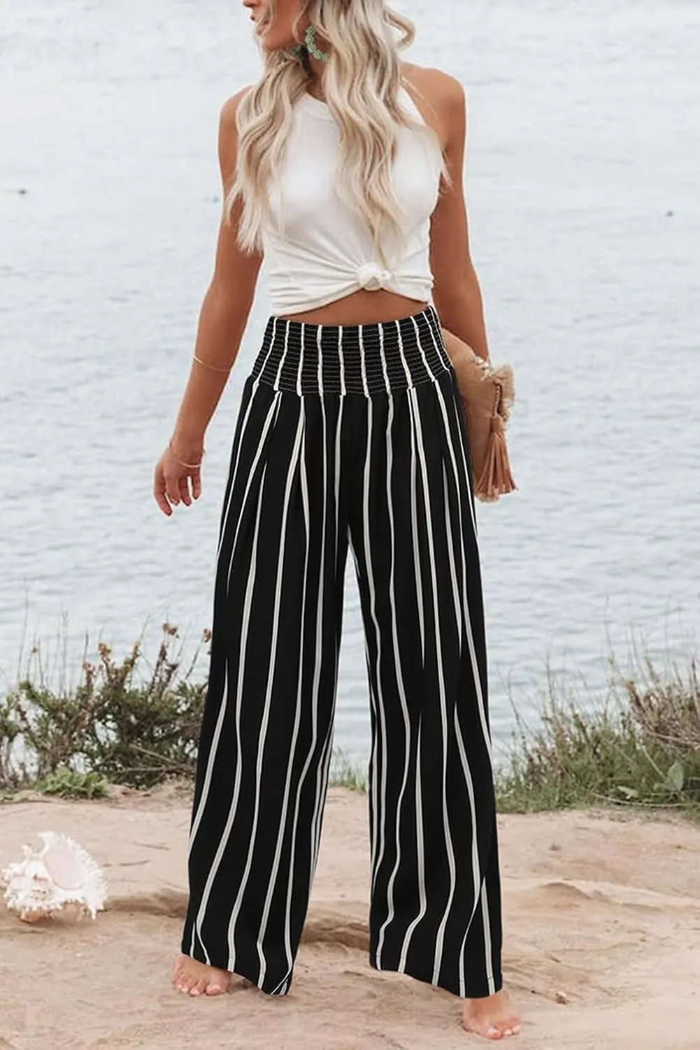 Womens Wide Leg Palazzo Dress Pants Elastic High Waisted Lounge Long Flowy Trousers Pant with Pocket