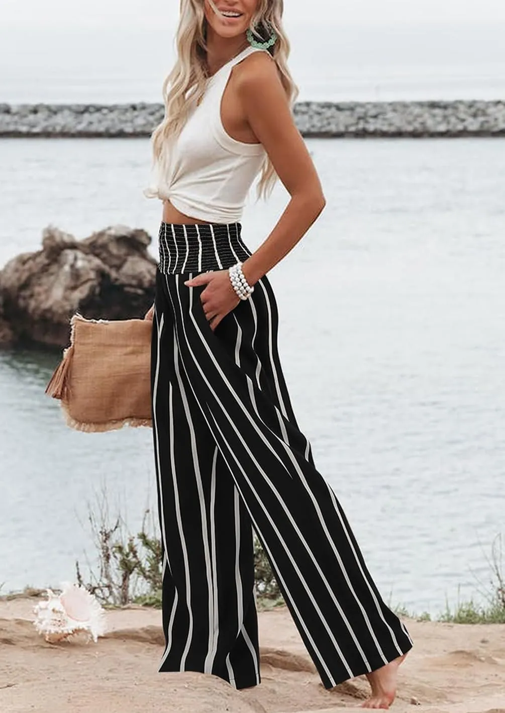 Womens Wide Leg Palazzo Dress Pants Elastic High Waisted Lounge Long Flowy Trousers Pant with Pocket