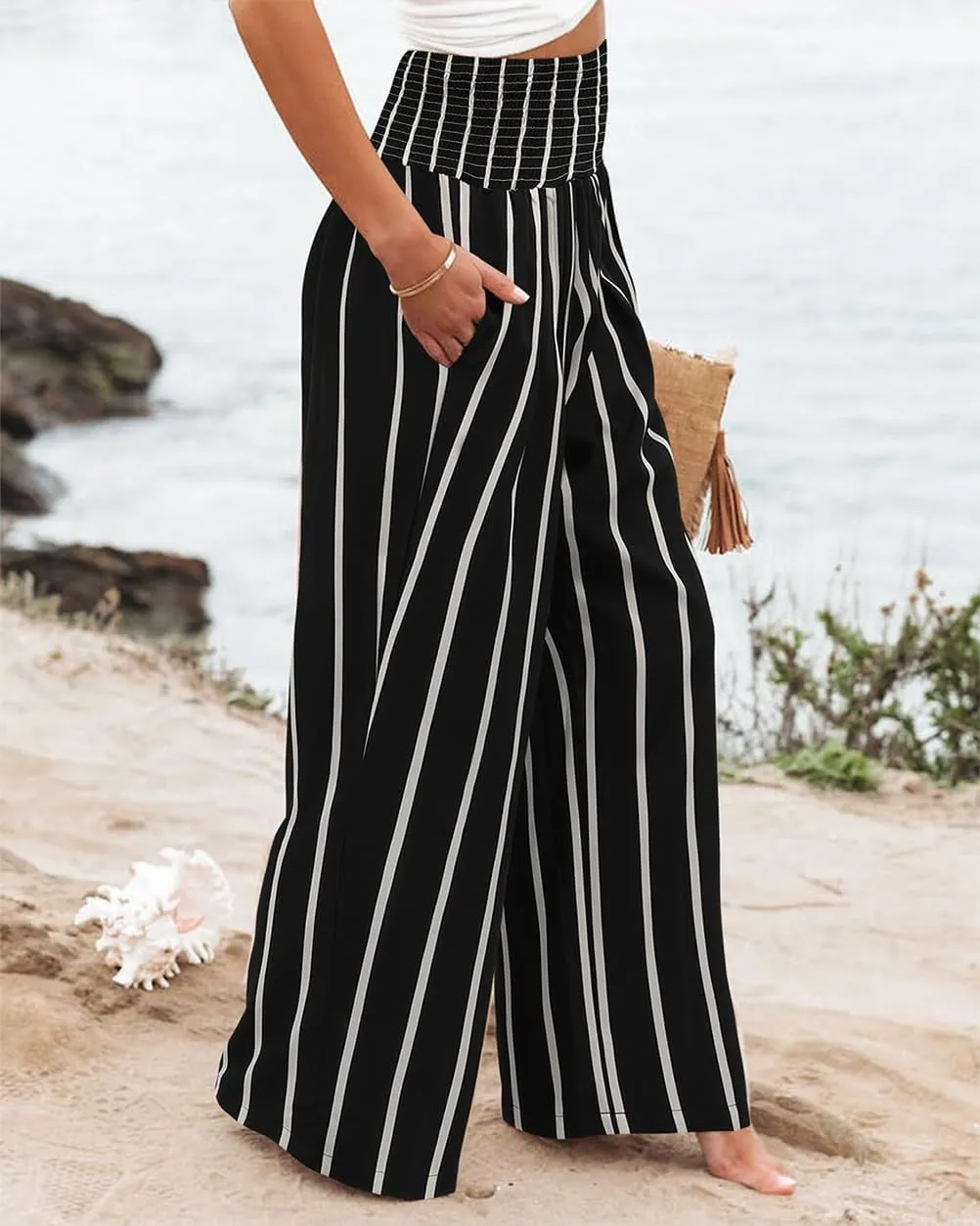 Womens Wide Leg Palazzo Dress Pants Elastic High Waisted Lounge Long Flowy Trousers Pant with Pocket