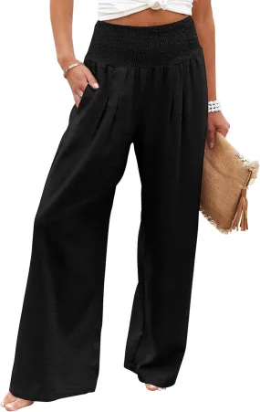 Womens Wide Leg Palazzo Dress Pants Elastic High Waisted Lounge Long Flowy Trousers Pant with Pocket