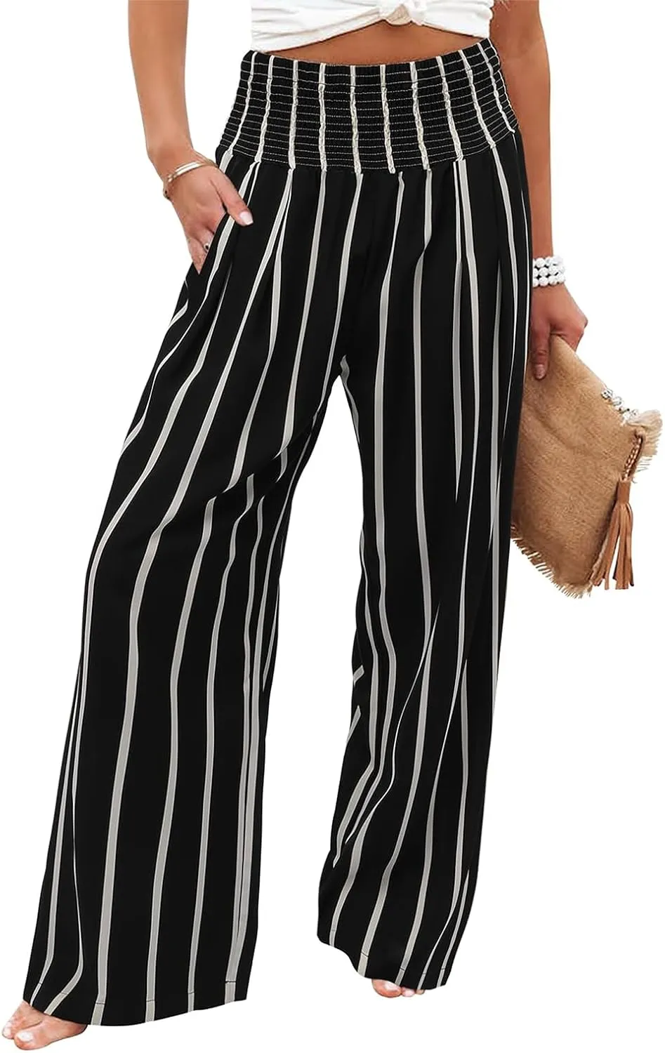 Womens Wide Leg Palazzo Dress Pants Elastic High Waisted Lounge Long Flowy Trousers Pant with Pocket