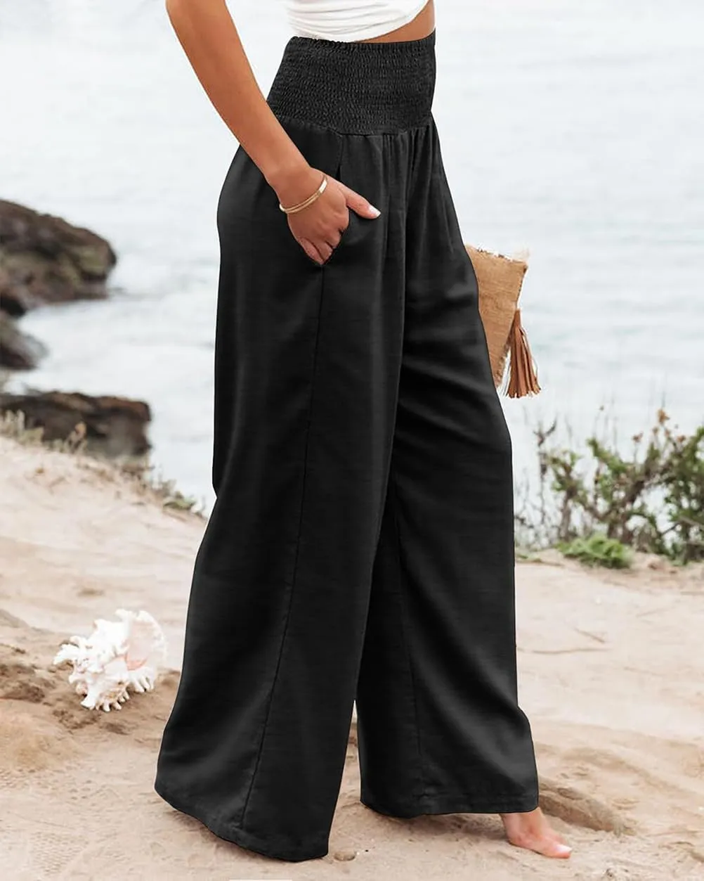 Womens Wide Leg Palazzo Dress Pants Elastic High Waisted Lounge Long Flowy Trousers Pant with Pocket