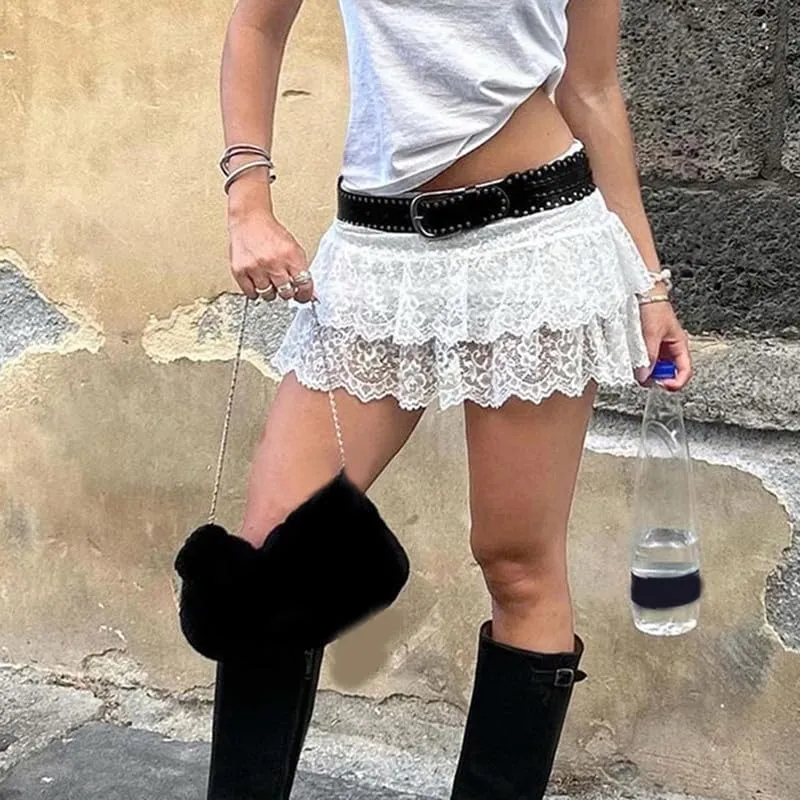 Y2k Ruffle Mini Skirt for Women Lace Hem Low Rise Pleated Short Skirt Fairy A-line Tiered Flowy Skirt Streetwear