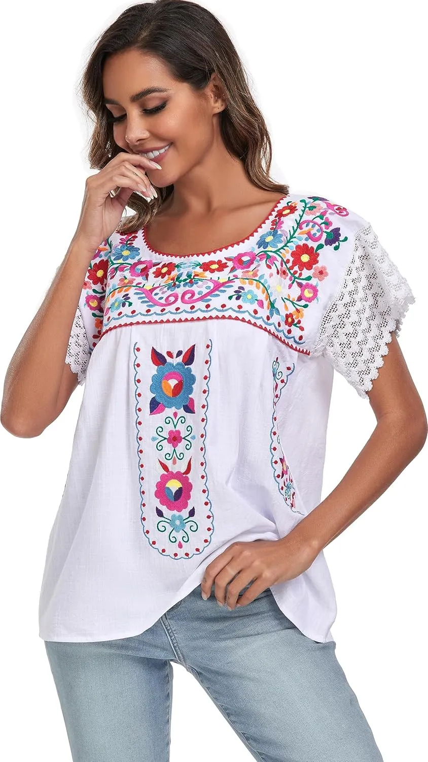 YZXDORWJ Women's Embroidered Mexican Peasant Blouse Mexico Summer Shirt Short Sleeve