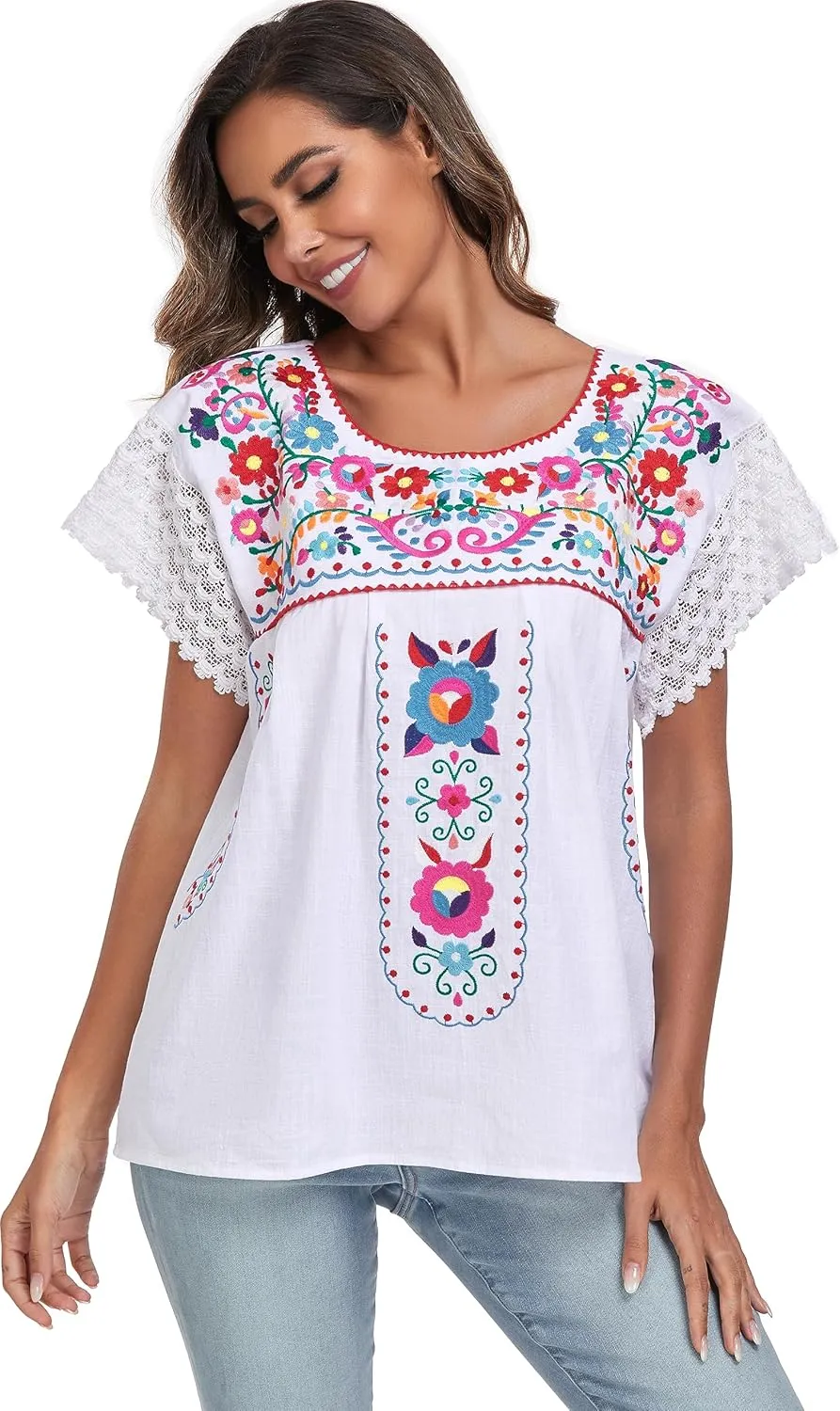 YZXDORWJ Women's Embroidered Mexican Peasant Blouse Mexico Summer Shirt Short Sleeve