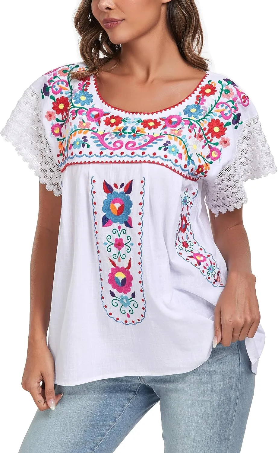 YZXDORWJ Women's Embroidered Mexican Peasant Blouse Mexico Summer Shirt Short Sleeve