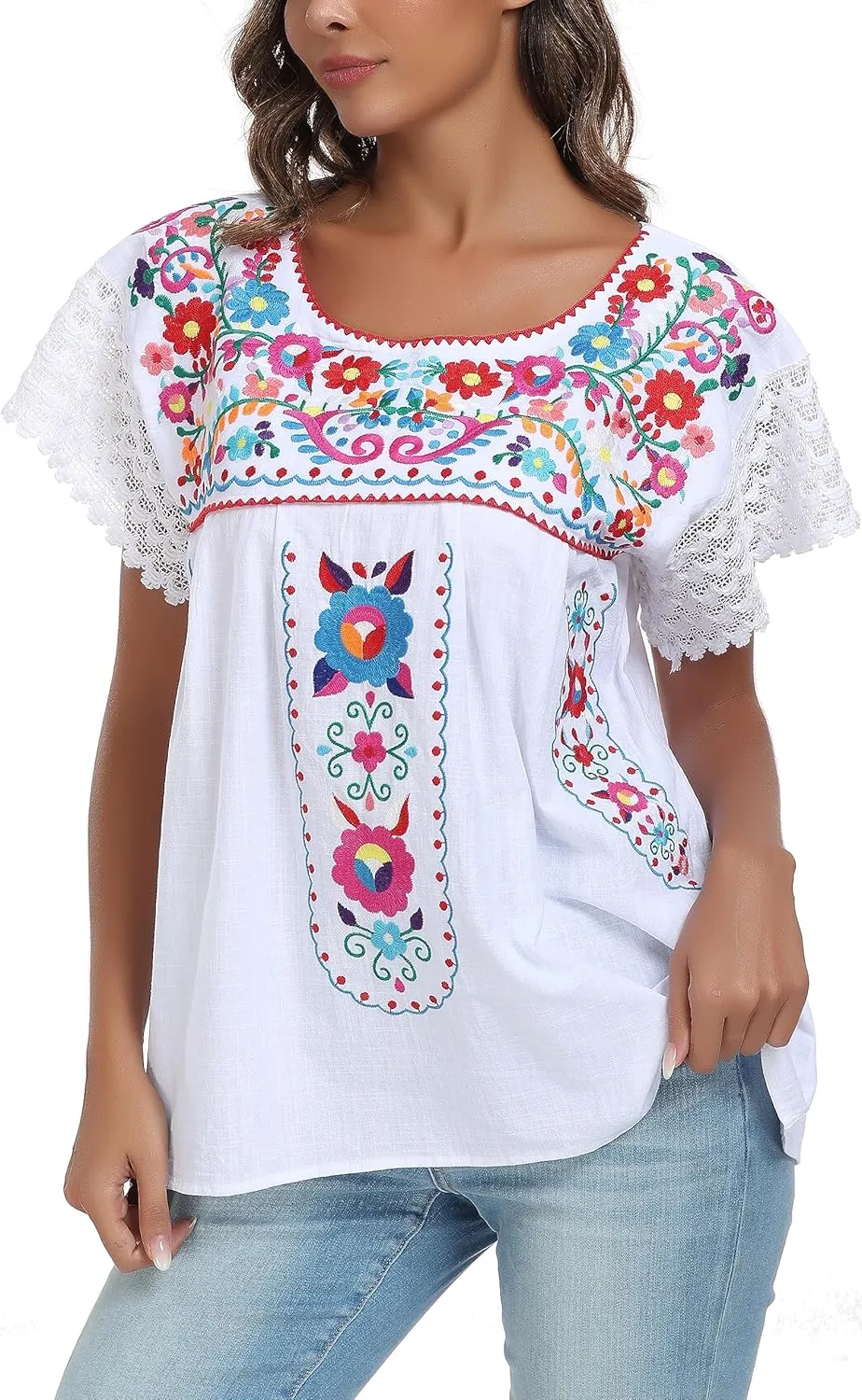 YZXDORWJ Women's Embroidered Mexican Peasant Blouse Mexico Summer Shirt Short Sleeve