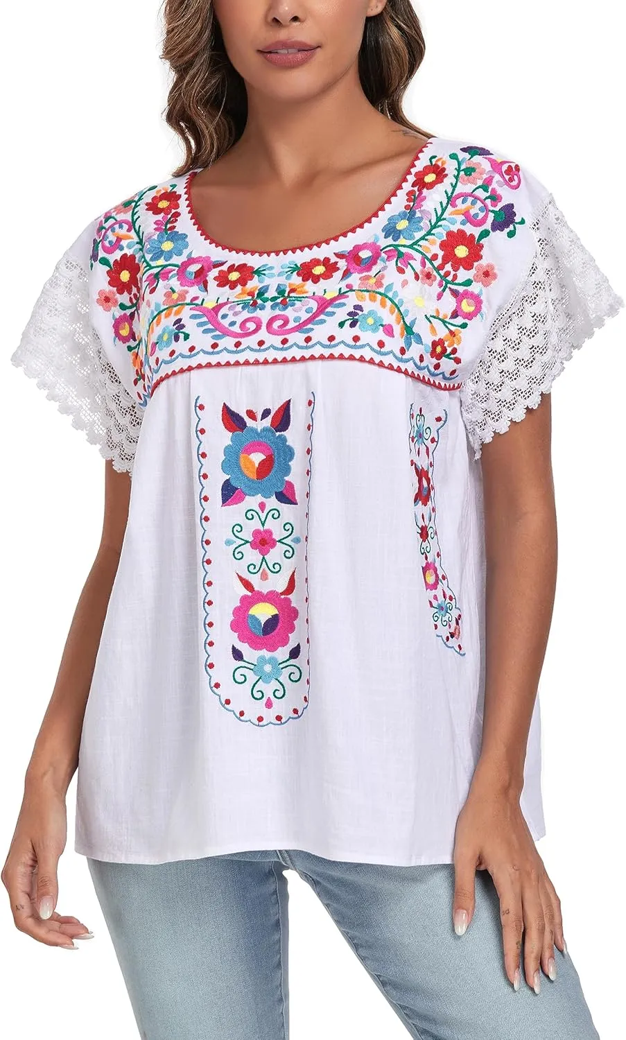 YZXDORWJ Women's Embroidered Mexican Peasant Blouse Mexico Summer Shirt Short Sleeve