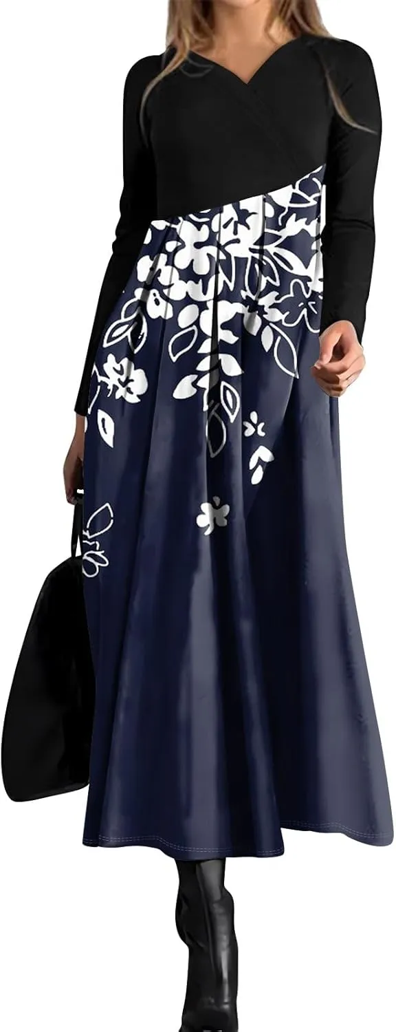 ZEFOTIM Long Sleeve Dresses for Women Floral Dress for Women Plus Size Summer Dresses Maxi Dress V Neck Dress Spring Dress