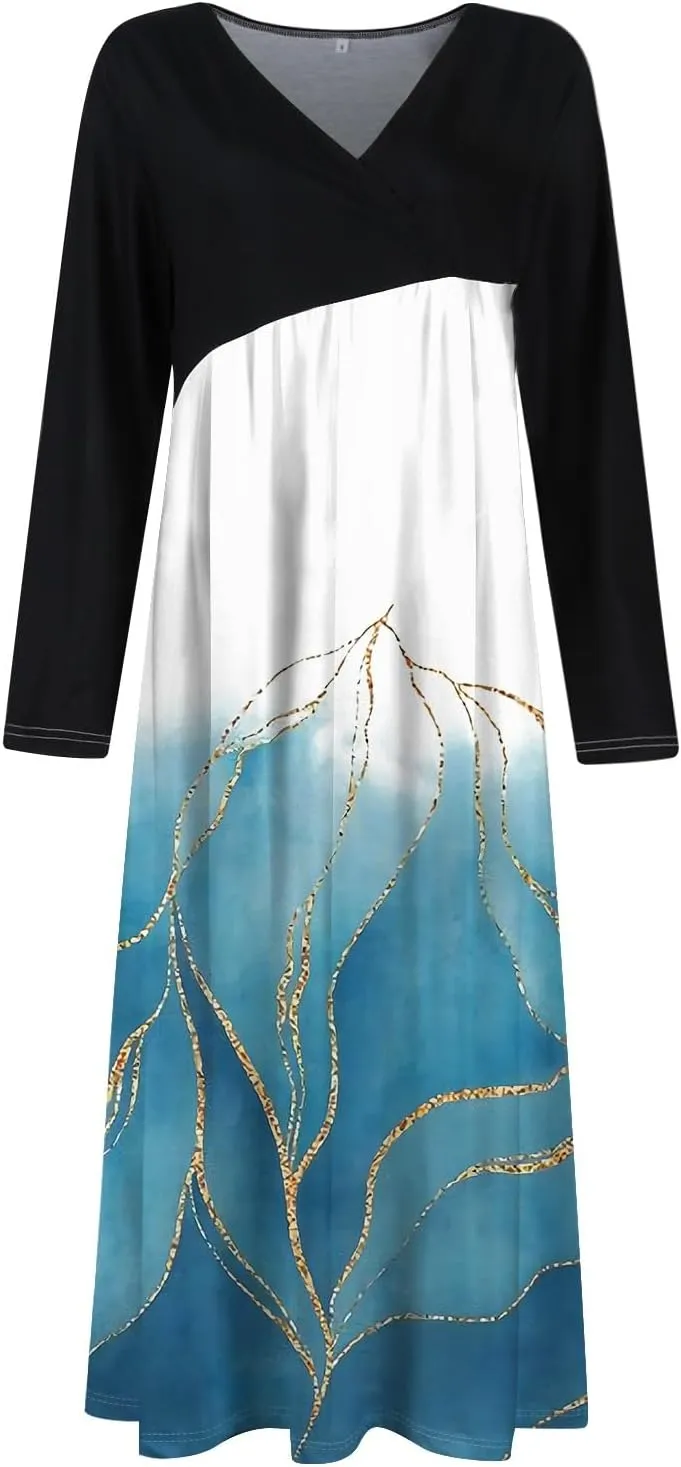 ZEFOTIM Long Sleeve Dresses for Women Floral Dress for Women Plus Size Summer Dresses Maxi Dress V Neck Dress Spring Dress